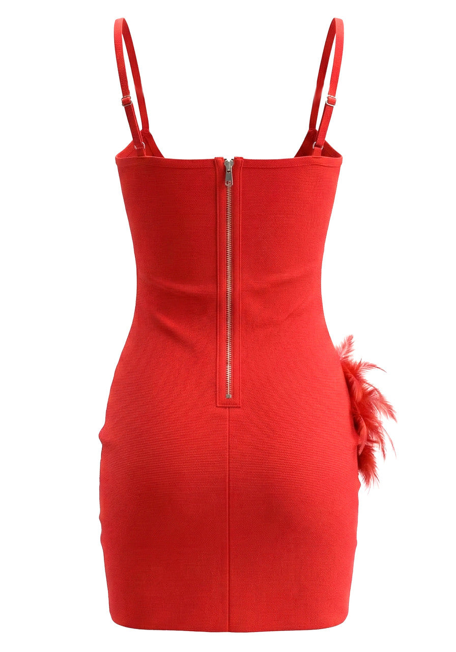 Hedy Rhinestone Feather Bandage Strappy Mini Dress – Red - OWNCI Hedy Rhinestone Feather Bandage Strappy Mini Dress – Red - OWNCI