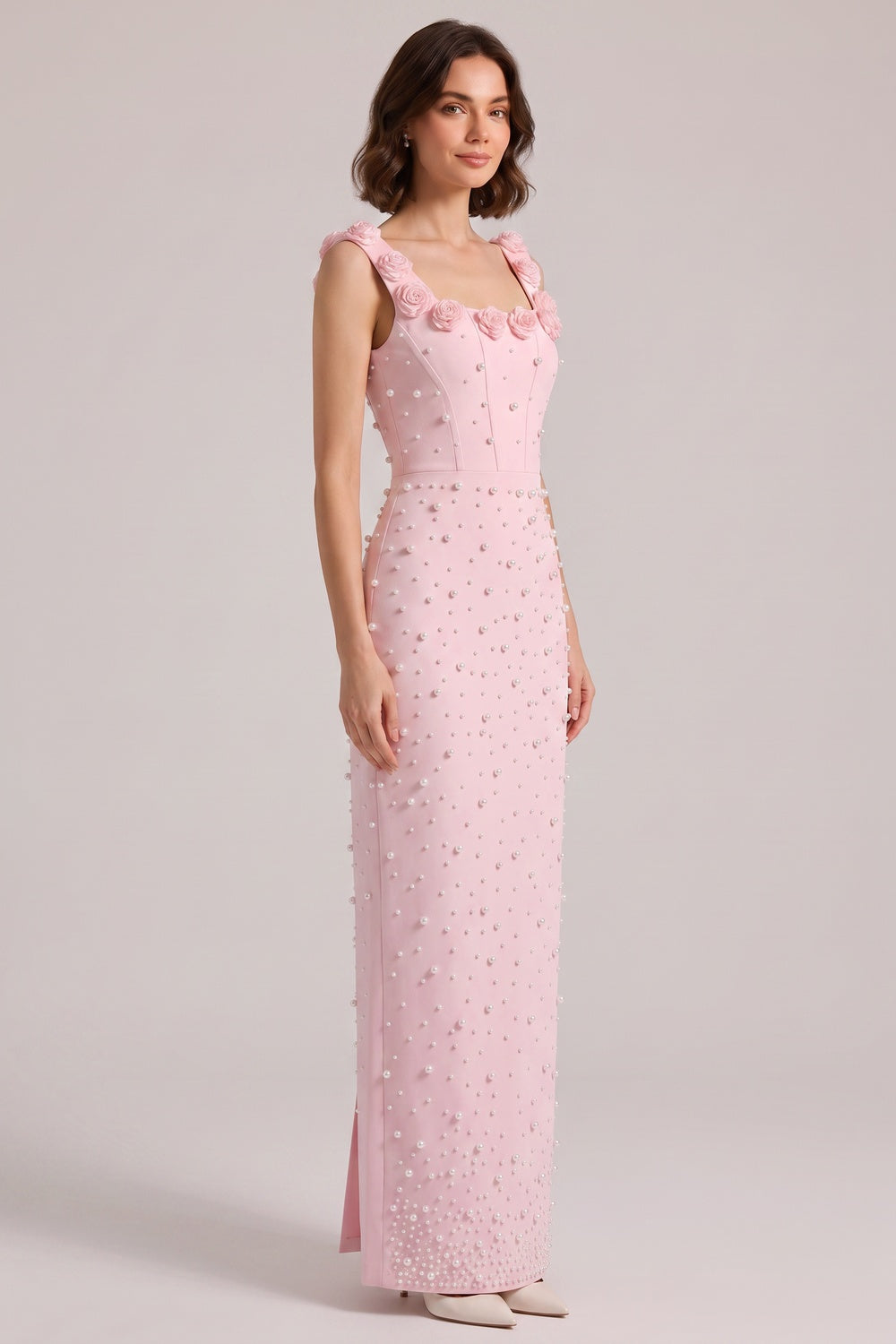 Pink 3D Rose Strap All Over Pearl Beaded Mermaid Maxi Gown - OWNCI