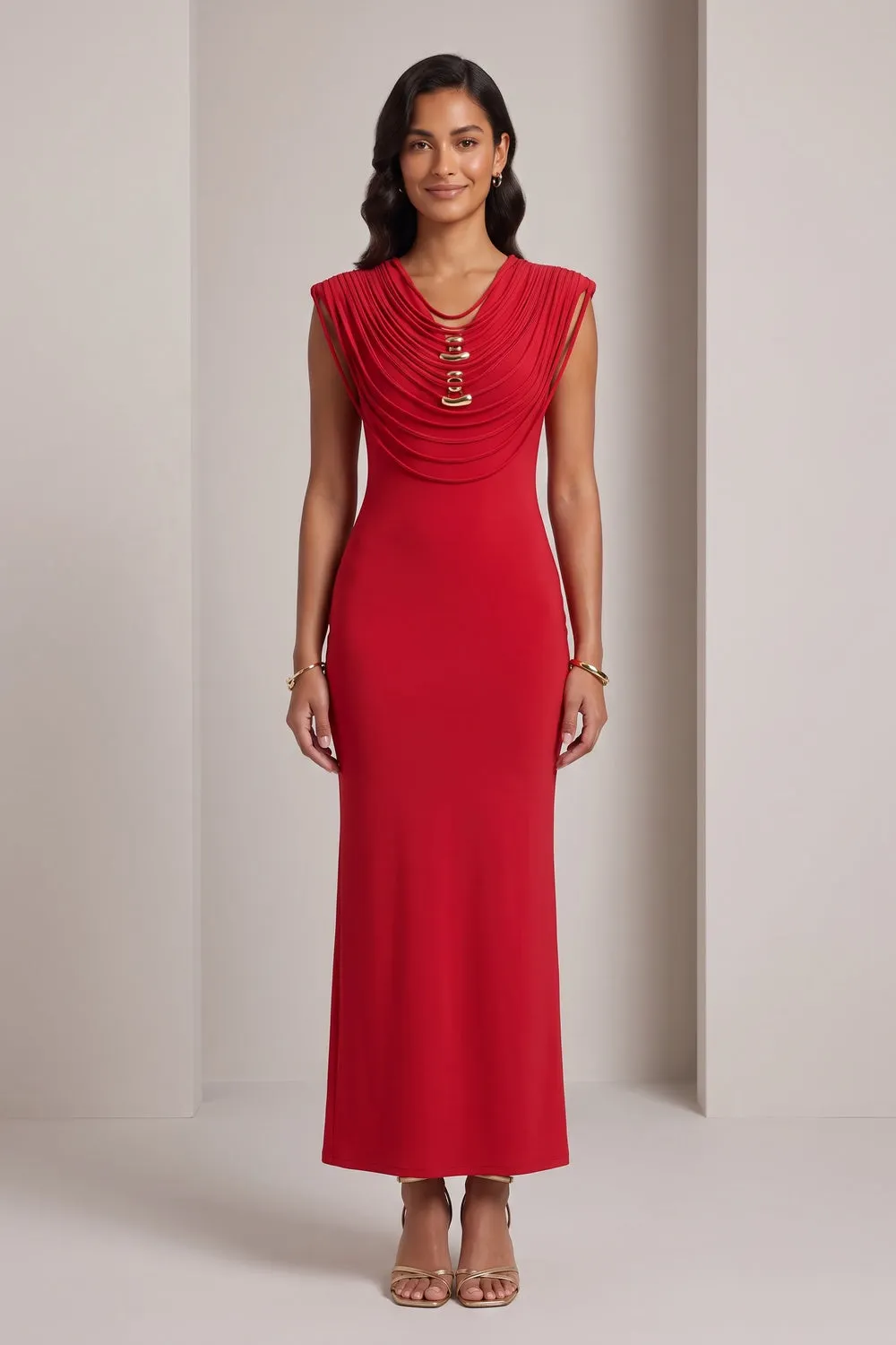 Red Stretch Jersey Or Crepe Fitted Column Dress - OWNCI Red Stretch Jersey Or Crepe Fitted Column Dress - OWNCI