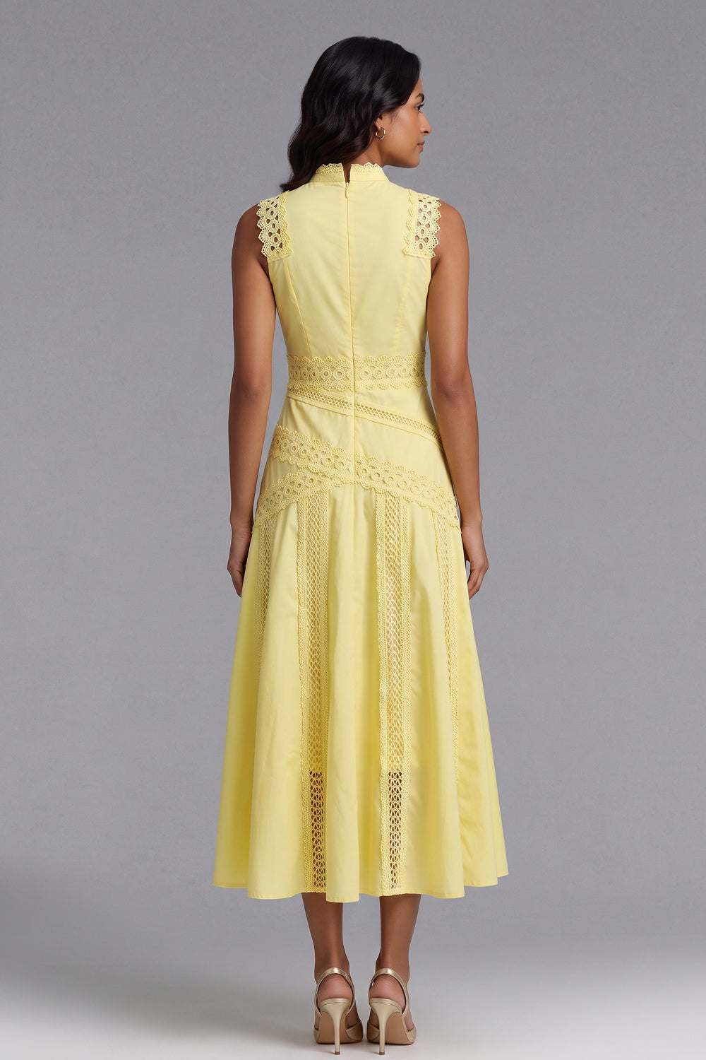 Yellow A-Line Midi Dress with Lace Inserts - OWNCI Yellow A-Line Midi Dress with Lace Inserts - OWNCI