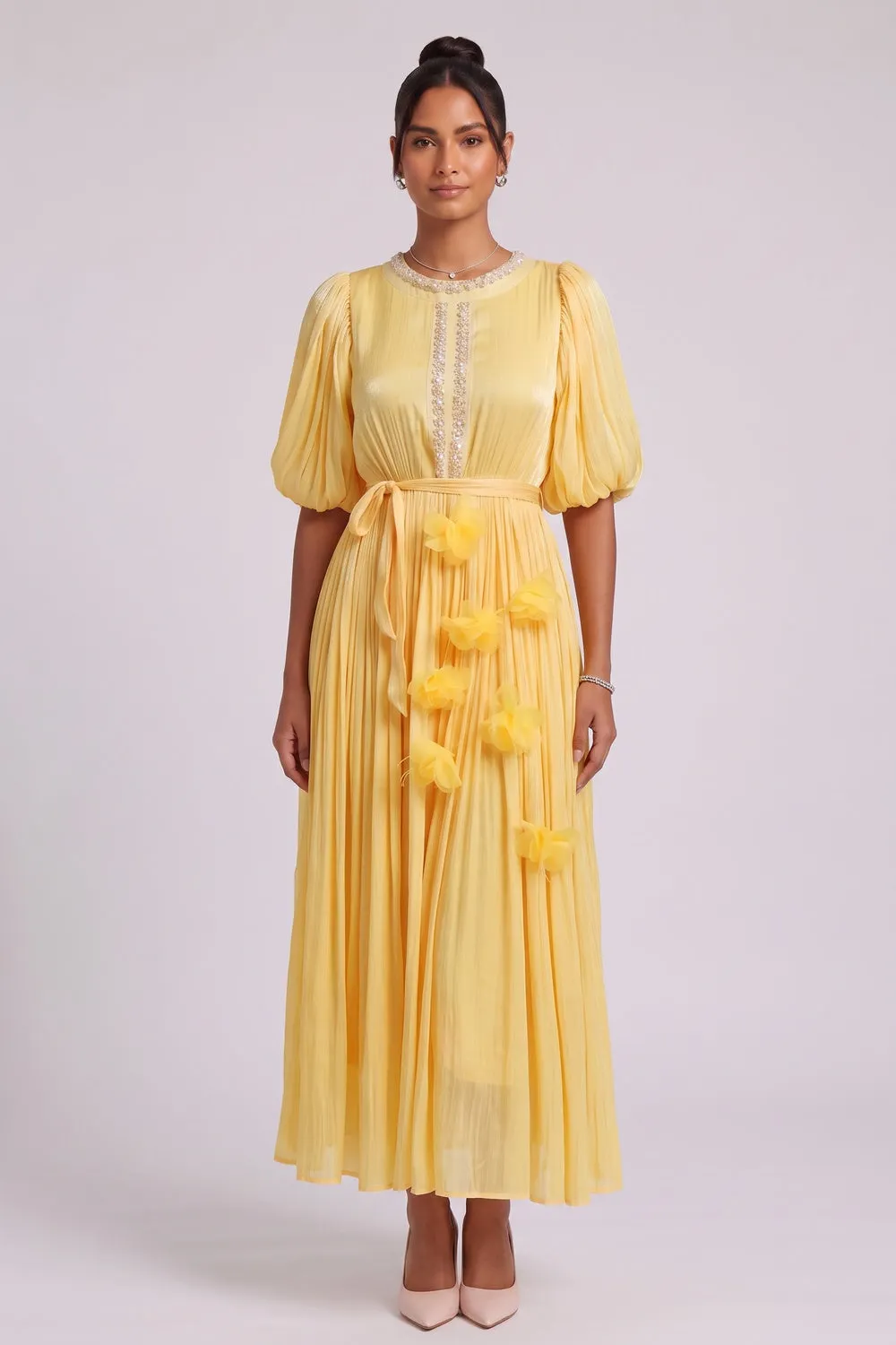 Yellow Midi Dress with Beaded Neckline and 3D Floral Appliqués - OWNCI