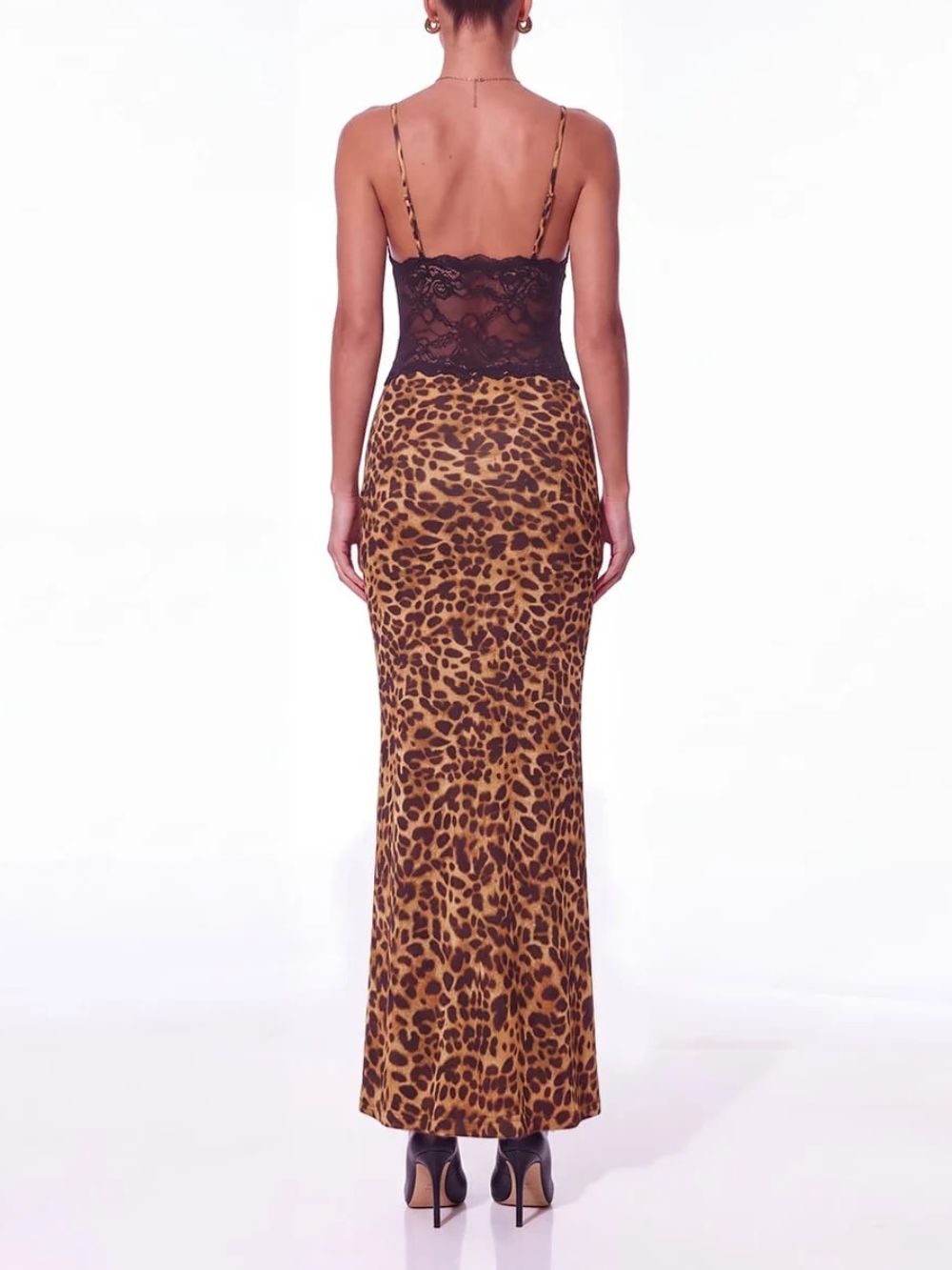 Vazvara V Neck Leopard Lace Maxi Dress - OWNCI
