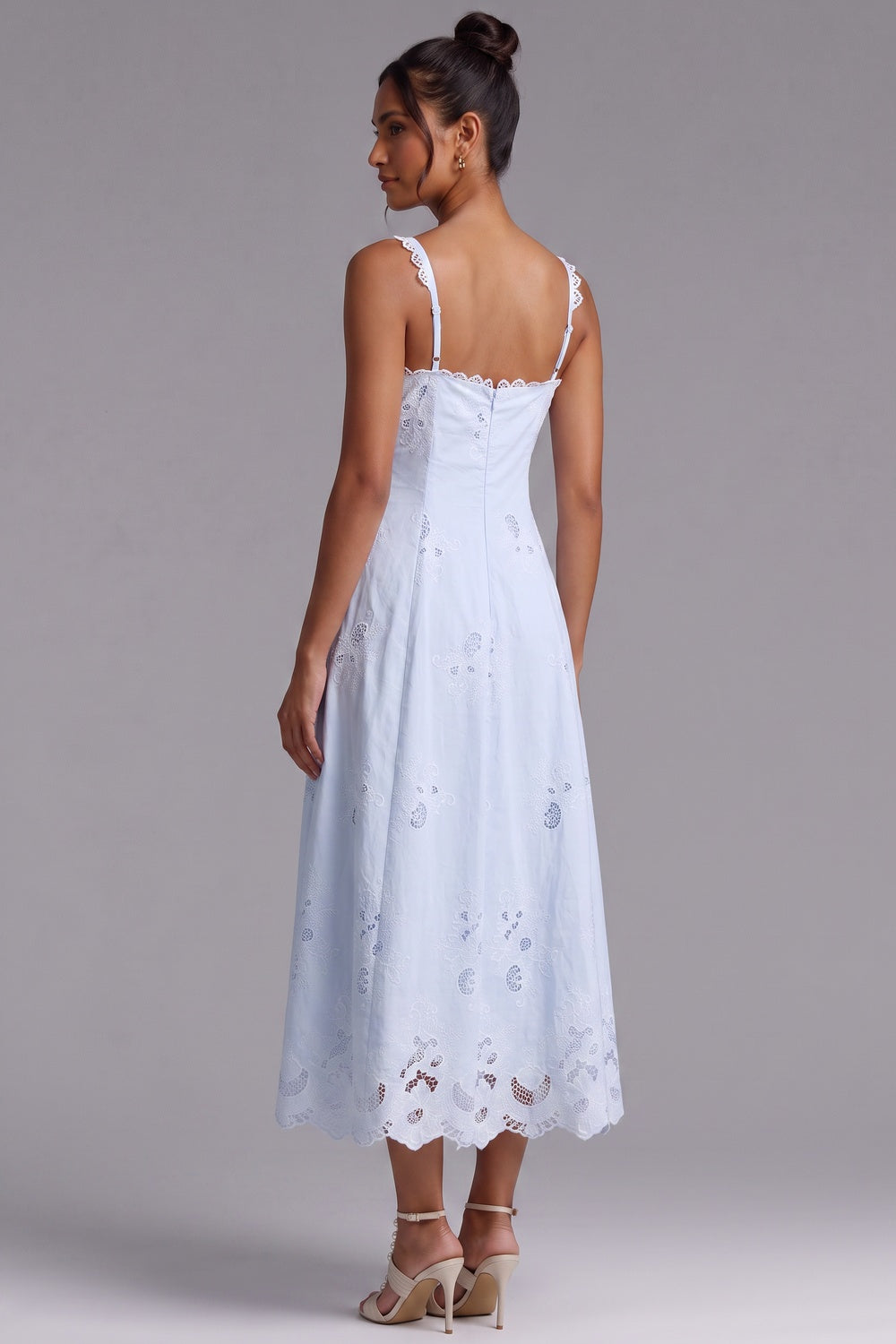 Light Blue Cotton Eyelet A-Line Midi Dress - OWNCI Light Blue Cotton Eyelet A-Line Midi Dress - OWNCI