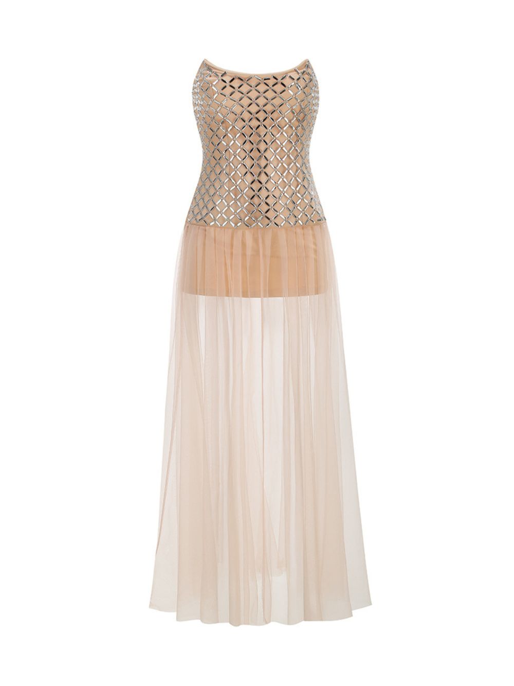 Strapless Embellished Mesh A Line Maxi Dress - OWNCI