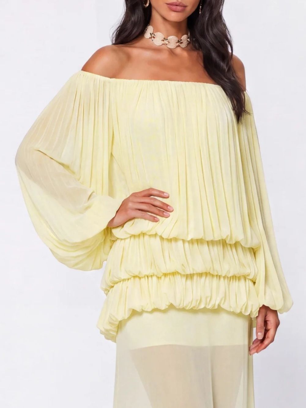Gracja Off Shoulder Tiered Dress In Yellow - OWNCI Gracja Off Shoulder Tiered Dress In Yellow - OWNCI