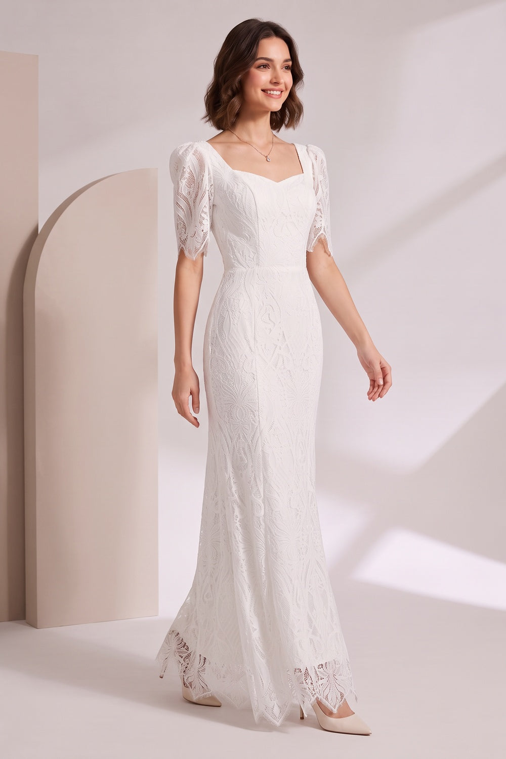 White Lace Floor-Length Dress with Puff Sleeves - OWNCI White Lace Floor-Length Dress with Puff Sleeves - OWNCI