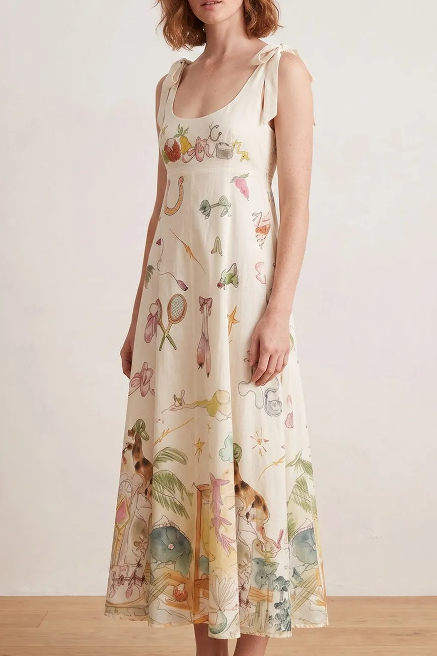 Bow Strap Whimsical Print Empire Midi Dress - OWNCI Bow Strap Whimsical Print Empire Midi Dress - OWNCI