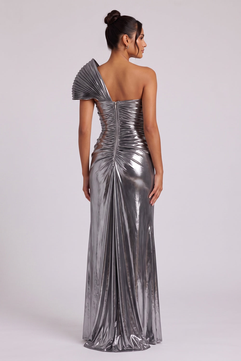 Silver Metallic One-Shoulder Draped Maxi Dress - OWNCI Silver Metallic One-Shoulder Draped Maxi Dress - OWNCI