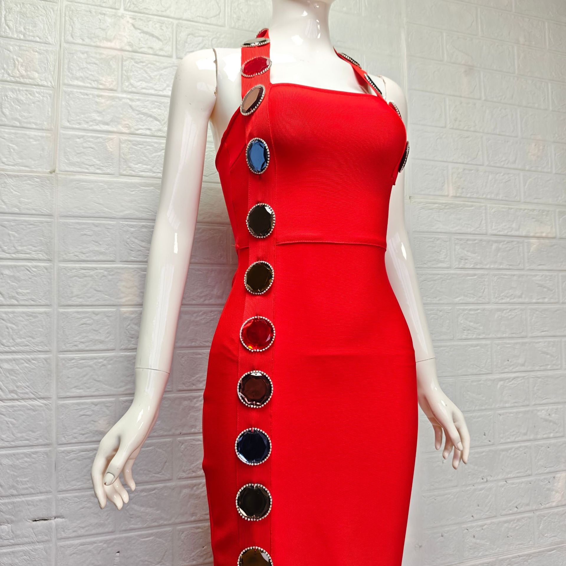 Red Heavy Stretch Crepe Column Dress - OWNCI