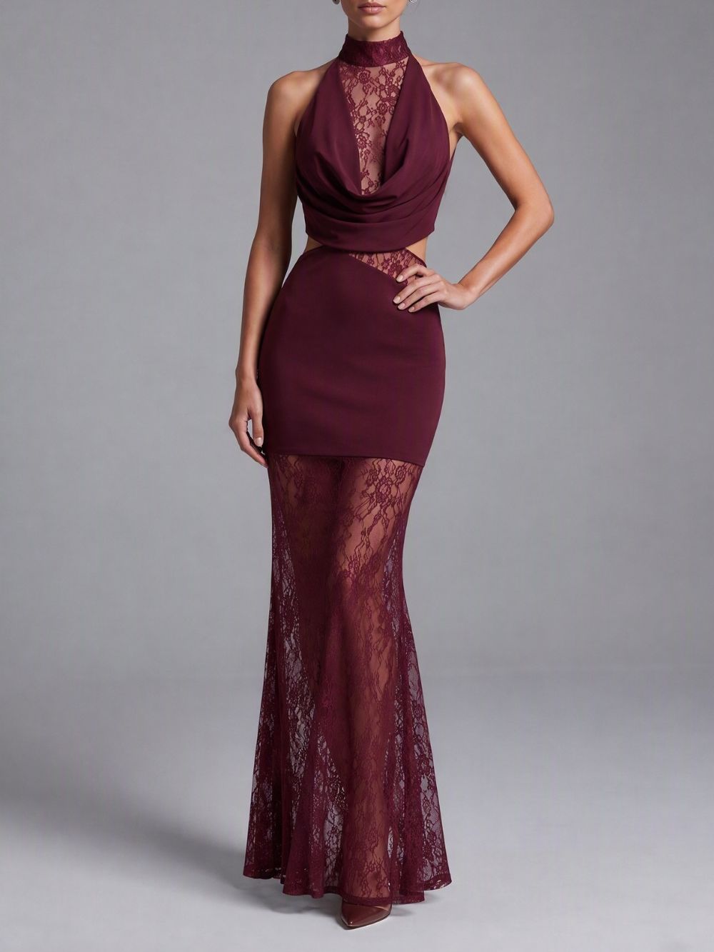 Milla Wine Halter Lace Maxi Dress - OWNCI Milla Wine Halter Lace Maxi Dress - OWNCI