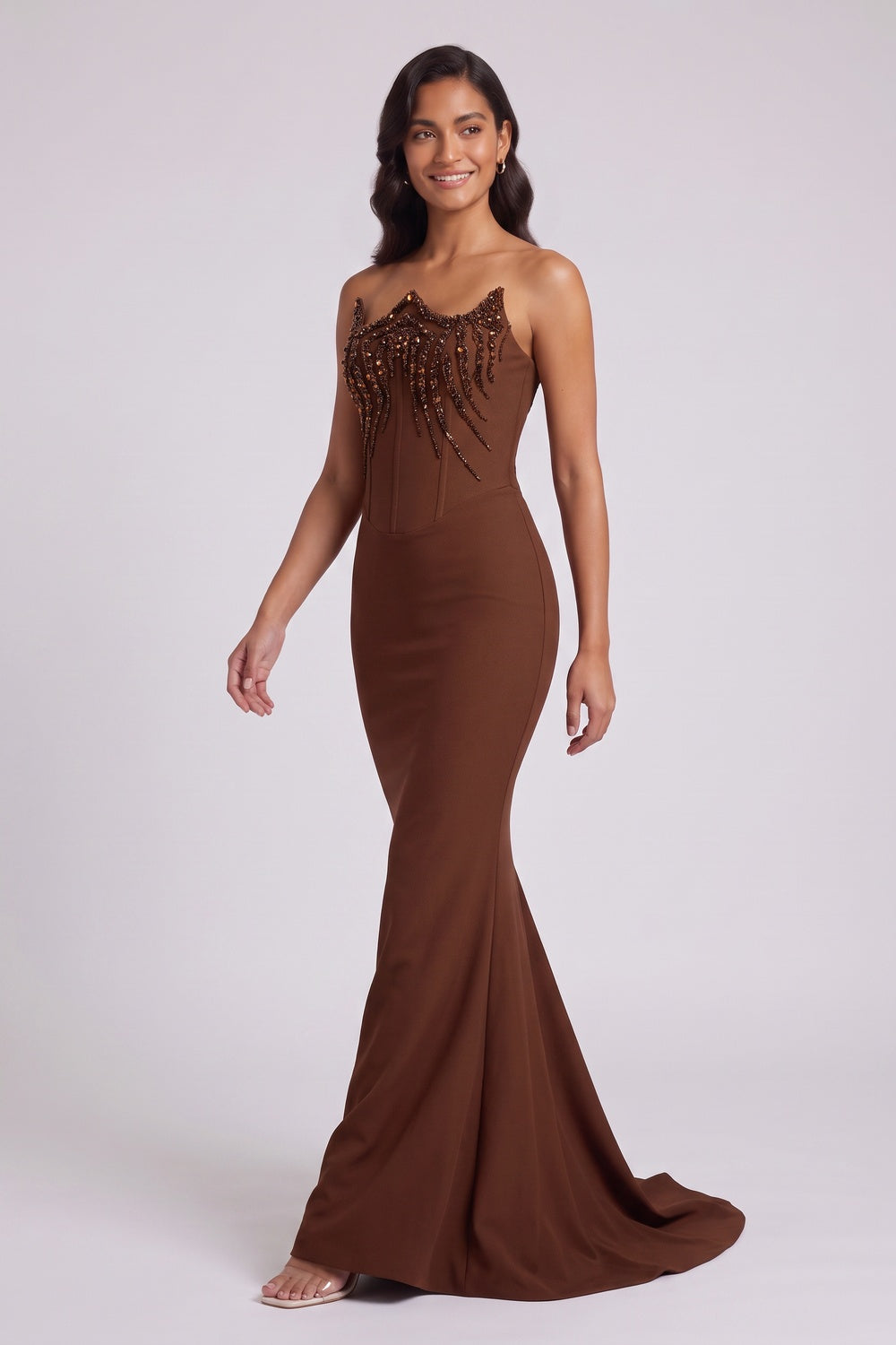 Brown Strapless Beaded Mermaid Evening Gown - OWNCI Brown Strapless Beaded Mermaid Evening Gown - OWNCI