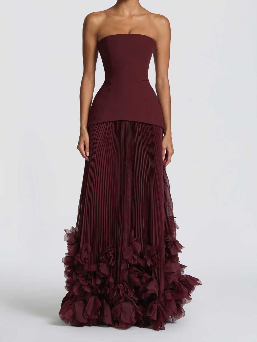 Ovarq Strapless Pleated Flower Maxi Dress In Wine - OWNCI Ovarq Strapless Pleated Flower Maxi Dress In Wine - OWNCI