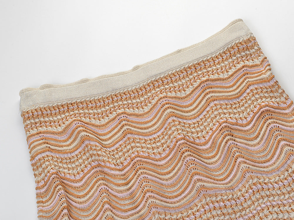 Beige Pointelle Knit Fitted Column Two-Piece Set - OWNCI Beige Pointelle Knit Fitted Column Two-Piece Set - OWNCI