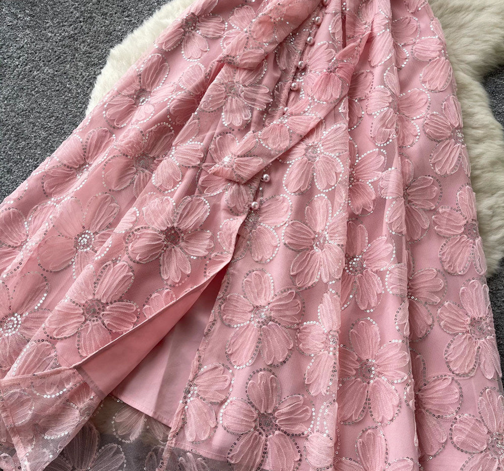 Light Pink Sheer Organza A-Line Midi Dress with Floral Applique - OWNCI Light Pink Sheer Organza A-Line Midi Dress with Floral Applique - OWNCI
