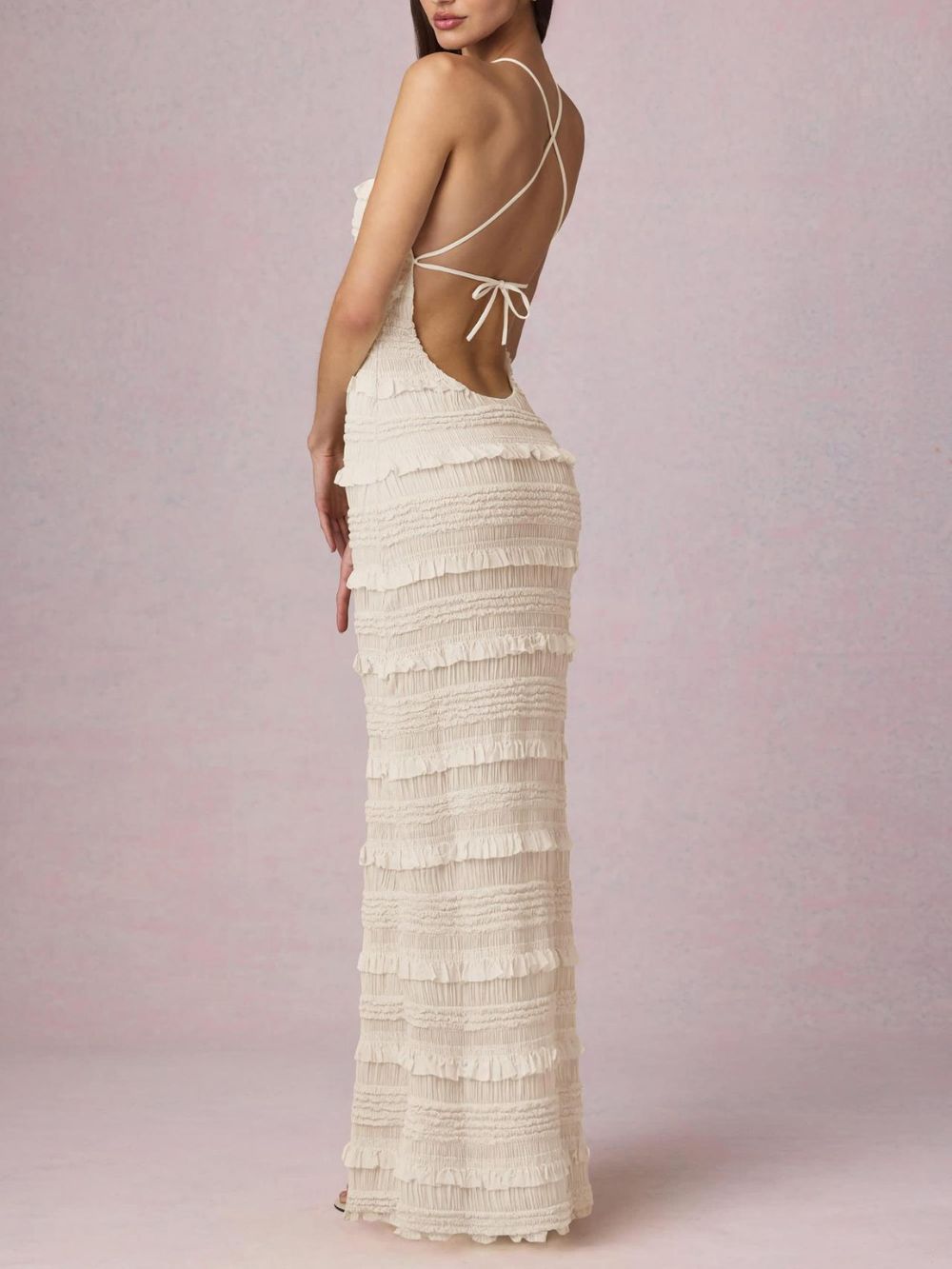 Mercedes White Halter Ruffle Backless Maxi Dress - OWNCI