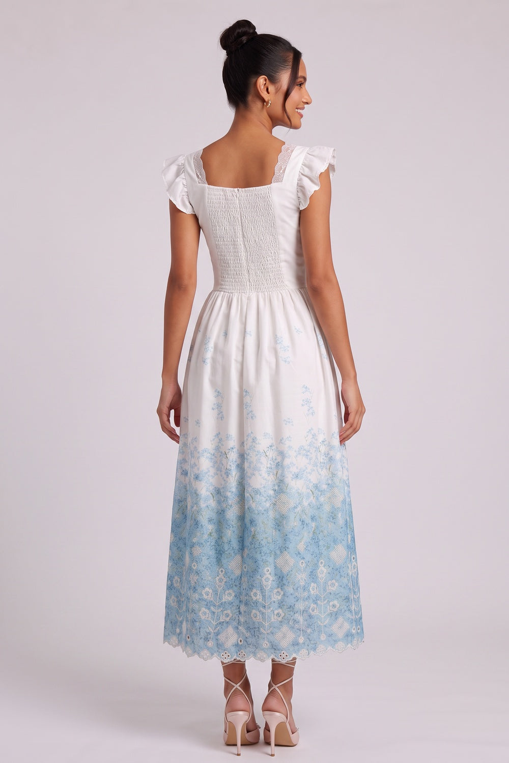 White Cotton Woven Fit-and-Flare Midi Dress with Gradient Floral and Eyelet - OWNCI White Cotton Woven Fit-and-Flare Midi Dress with Gradient Floral and Eyelet - OWNCI