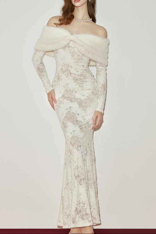 Julia Off-Shoulder Fur Collar Long Sleeve Lace Maxi Dress In White - OWNCI
