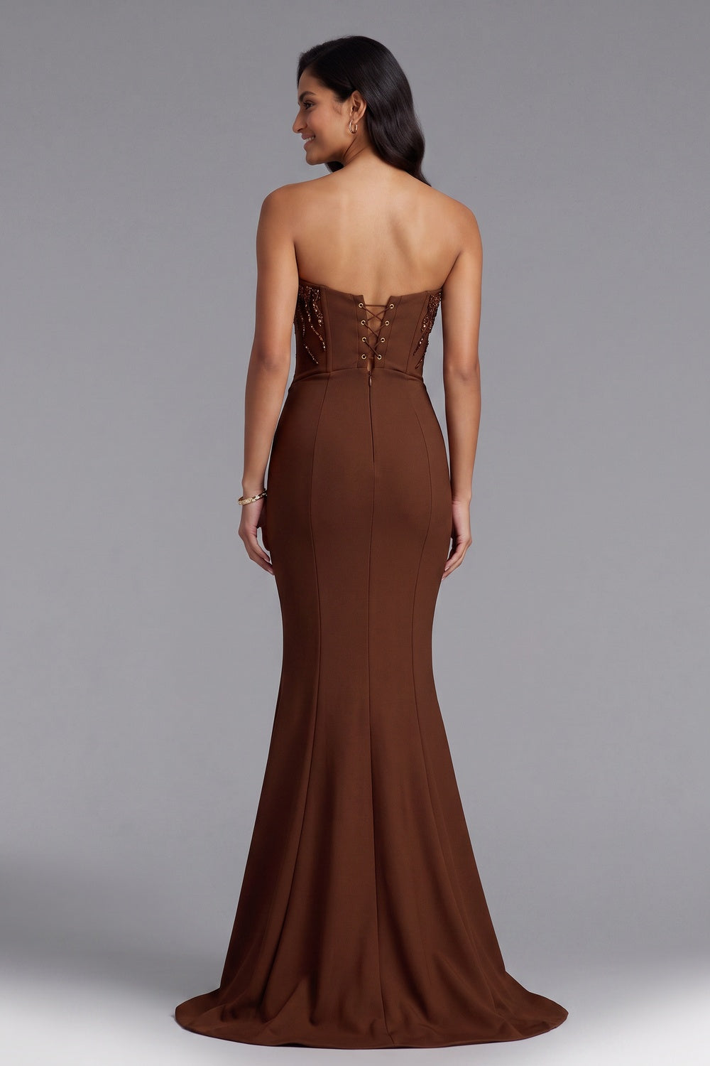 Brown Strapless Beaded Mermaid Evening Gown - OWNCI
