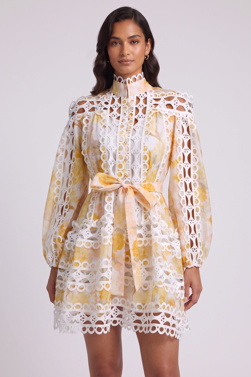 White & Yellow Floral A-Line Mini Dress with Lace Panels - OWNCI