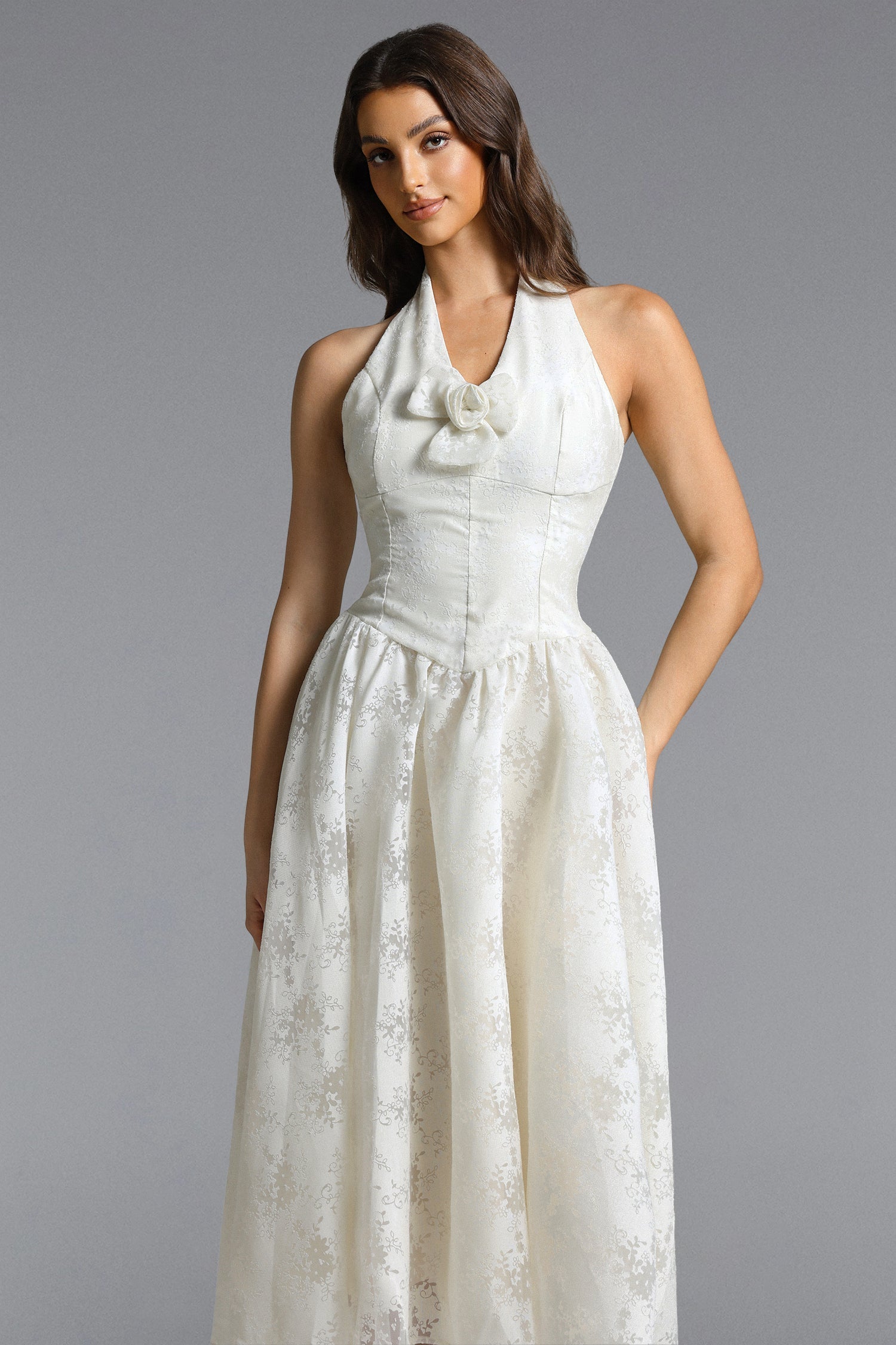 Delaney White Halter Floral Jacquard Midi Dress - OWNCI Delaney White Halter Floral Jacquard Midi Dress - OWNCI