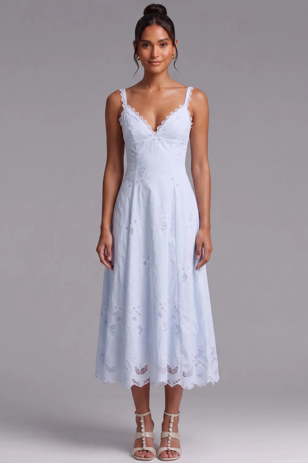 Light Blue Cotton Eyelet A-Line Midi Dress - OWNCI Light Blue Cotton Eyelet A-Line Midi Dress - OWNCI