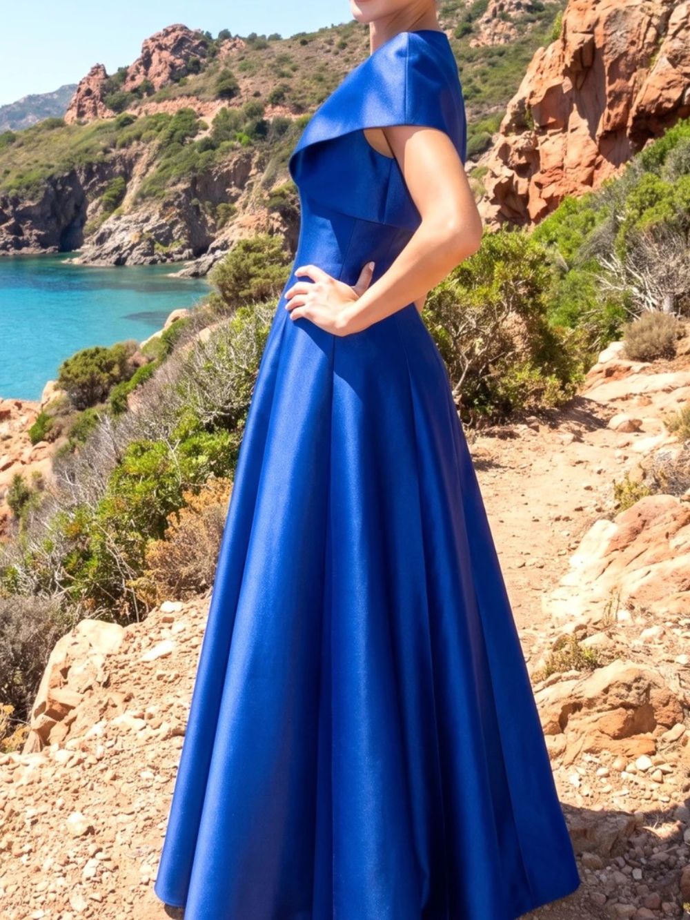 Short Sleeve A Line Maxi Dress Blue - OWNCI