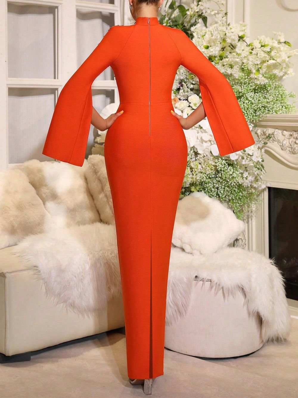 Meryl Orange Diamante Bandage Maxi Dress - OWNCI