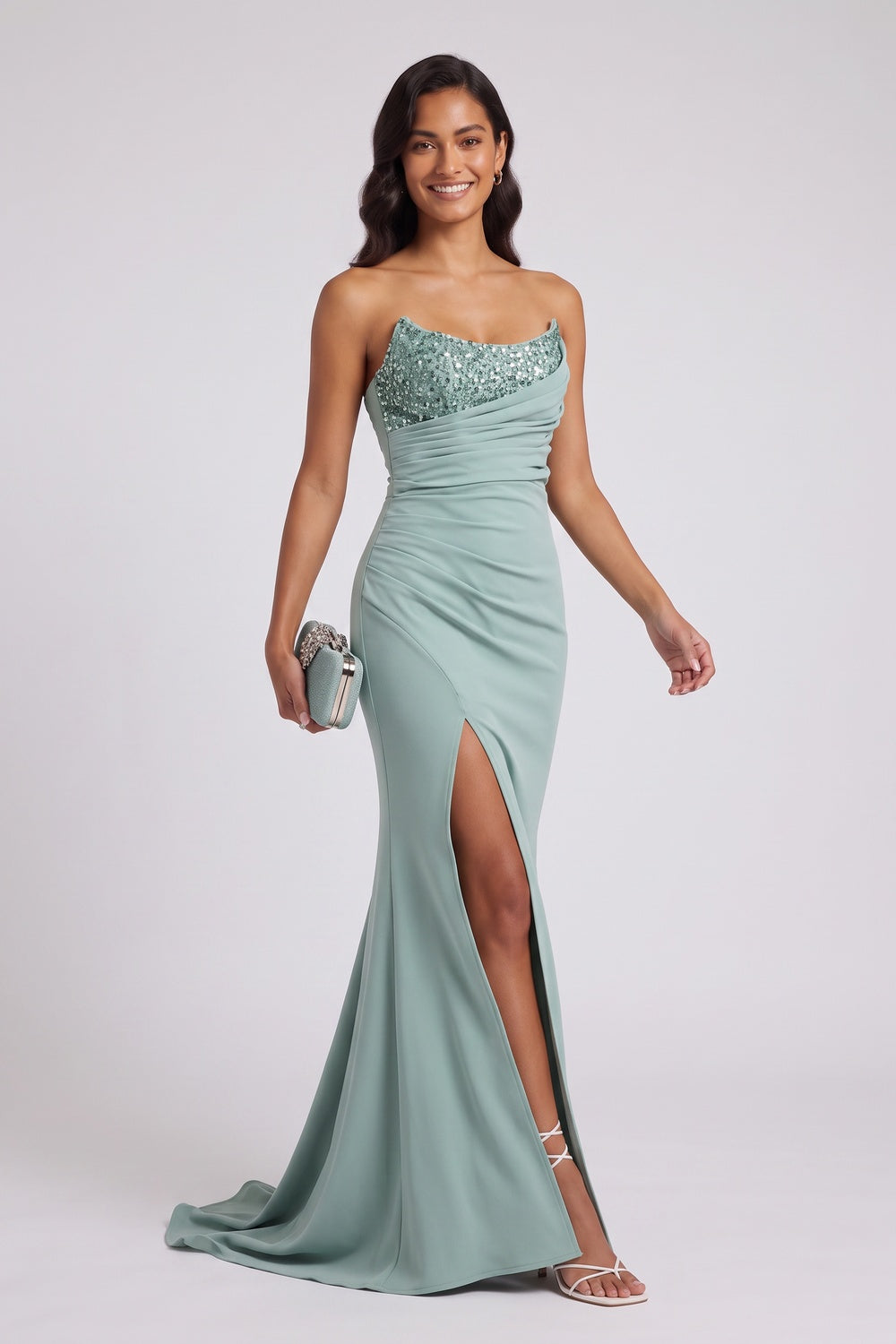Mint Green One-Shoulder Sequin Evening Gown - OWNCI