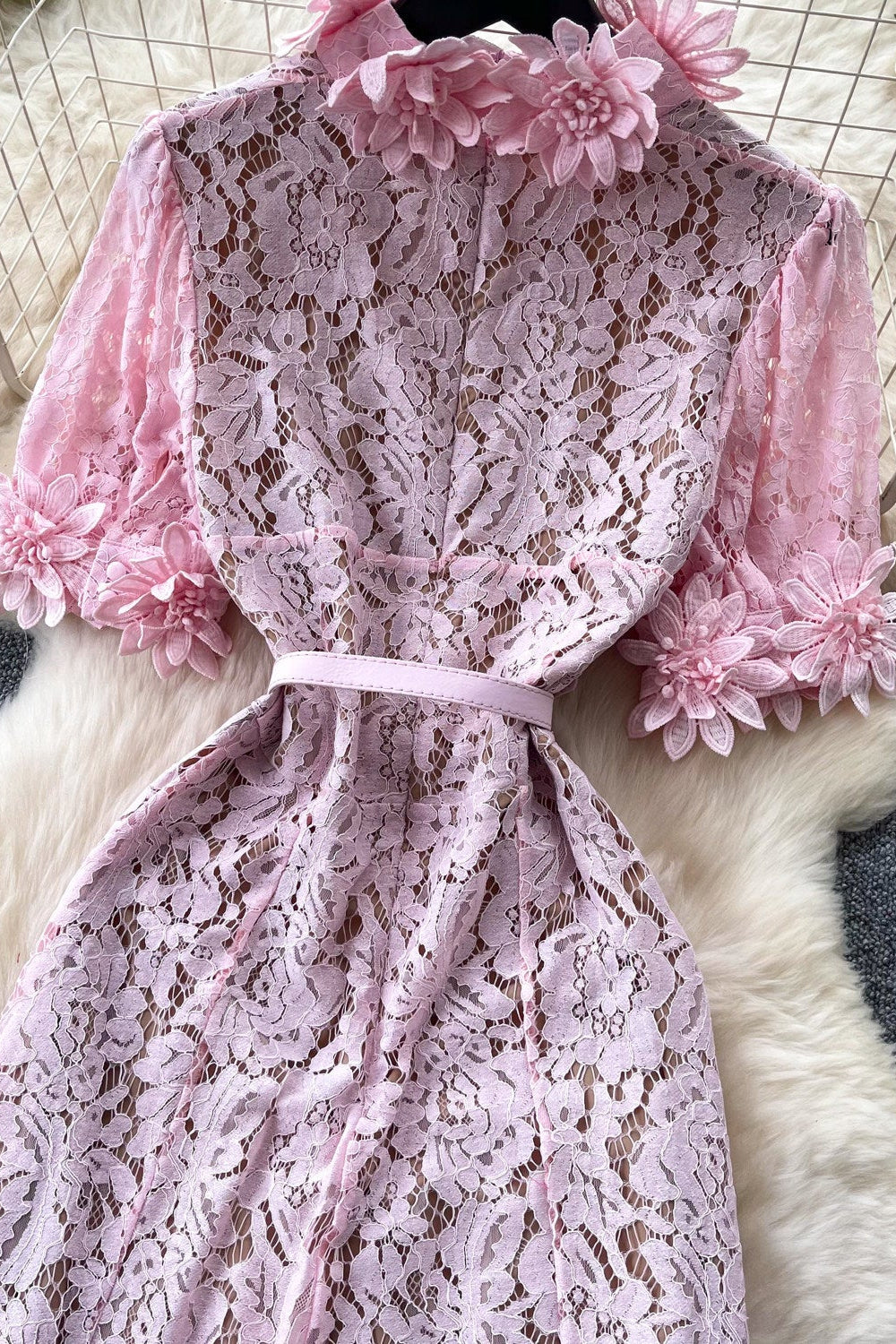 Pink Floral Lace A-Line Midi Dress - OWNCI