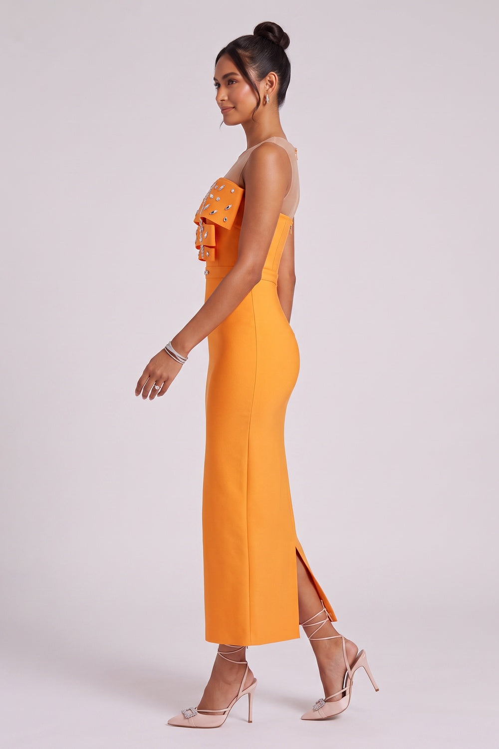 Orange Ruffle Embellished Midi Dress - OWNCI Orange Ruffle Embellished Midi Dress - OWNCI