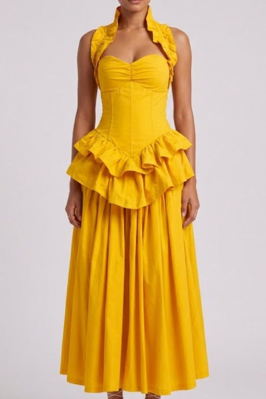 Yellow Ruffled Peplum Midi Dress - OWNCI Yellow Ruffled Peplum Midi Dress - OWNCI