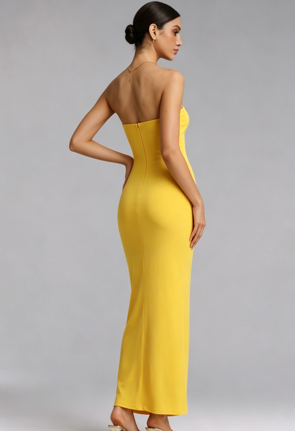 Yellow Strapless Maxi Dress with Side Cutout Detail - OWNCI Yellow Strapless Maxi Dress with Side Cutout Detail - OWNCI