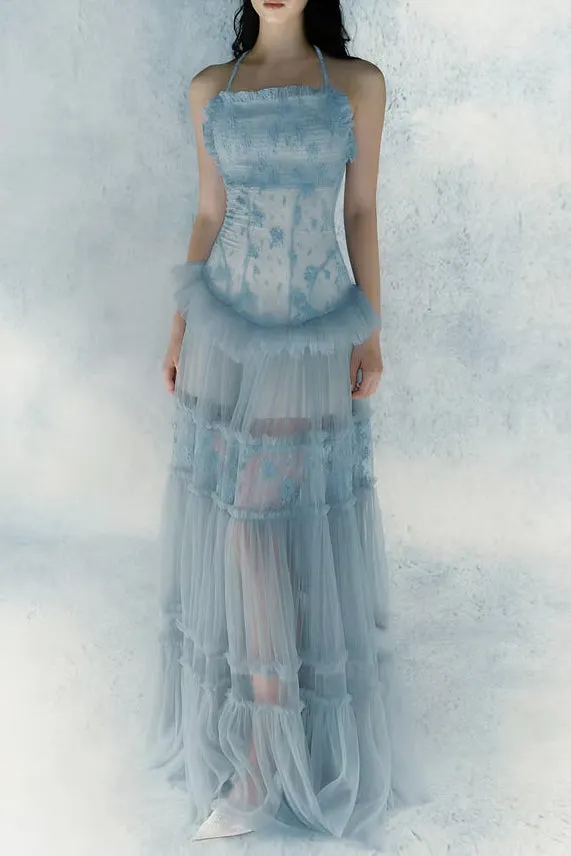 Hermosa Lace Splicing Layer Maxi Dress In Blue - OWNCI