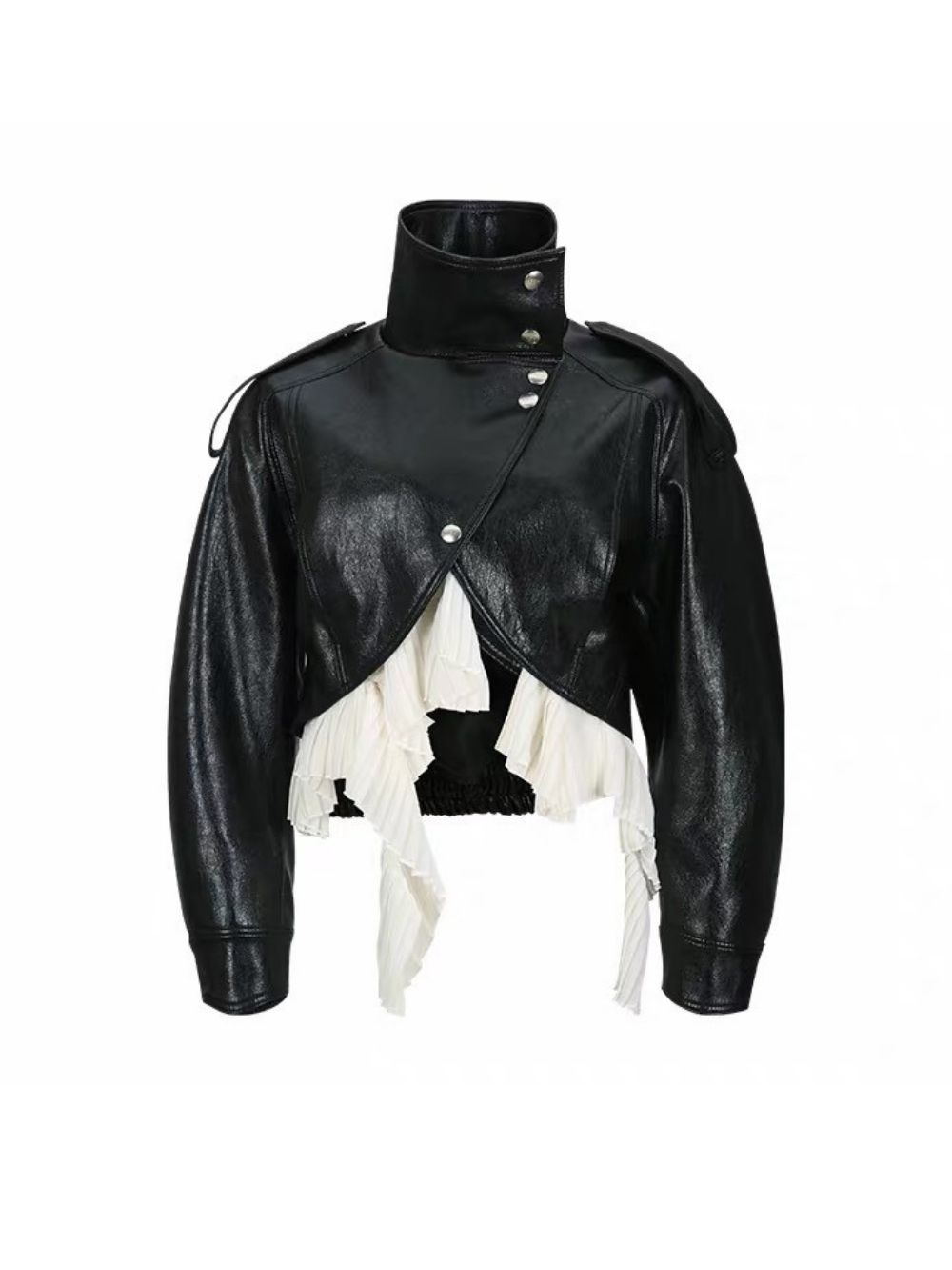 Maysa Black PU Leather Ruffle Jacket - OWNCI