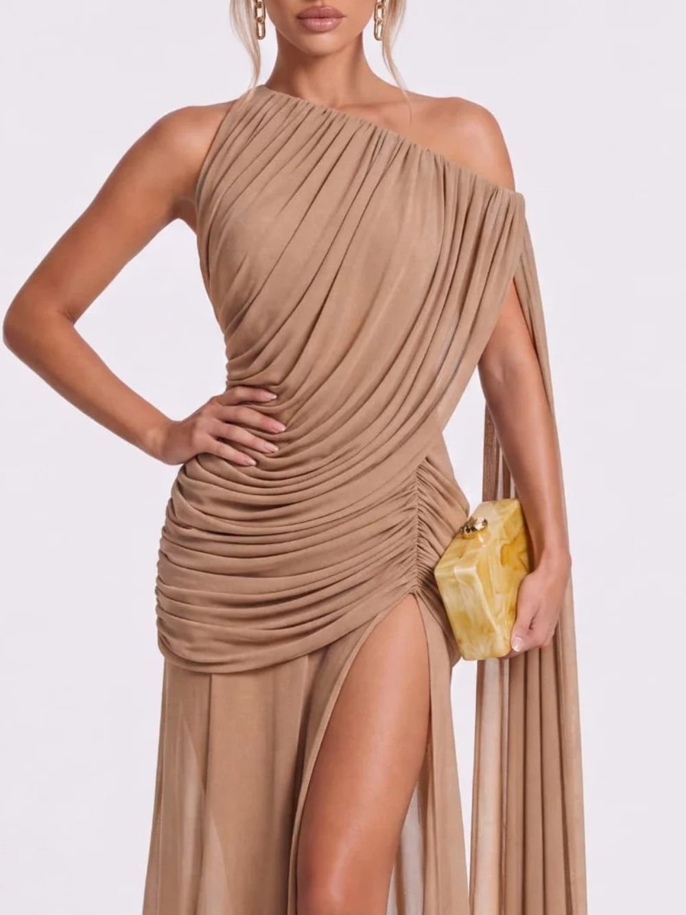 Faskel Ruched Split Maxi Dress In Coffee - OWNCI Faskel Ruched Split Maxi Dress In Coffee - OWNCI