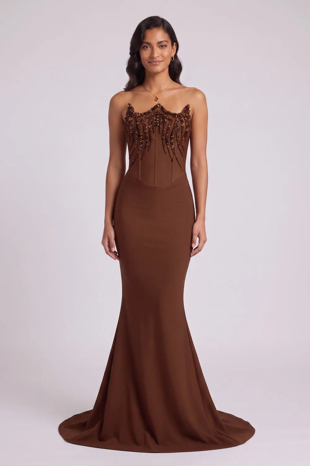 Brown Strapless Beaded Mermaid Evening Gown - OWNCI