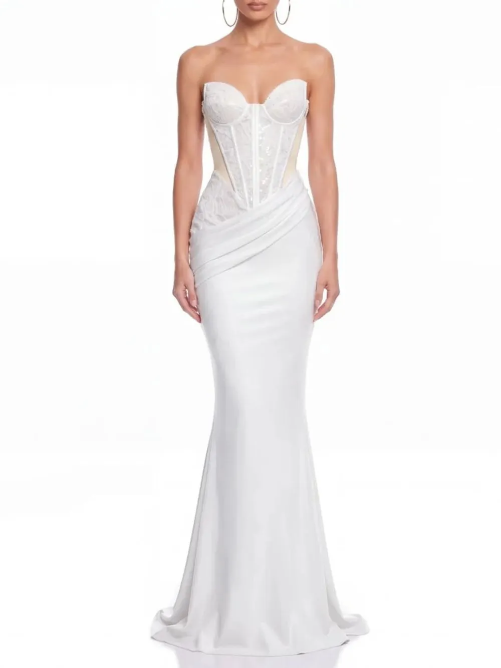 Xervik Strapless Lace Satin Maxi Dress In White - OWNCI Xervik Strapless Lace Satin Maxi Dress In White - OWNCI