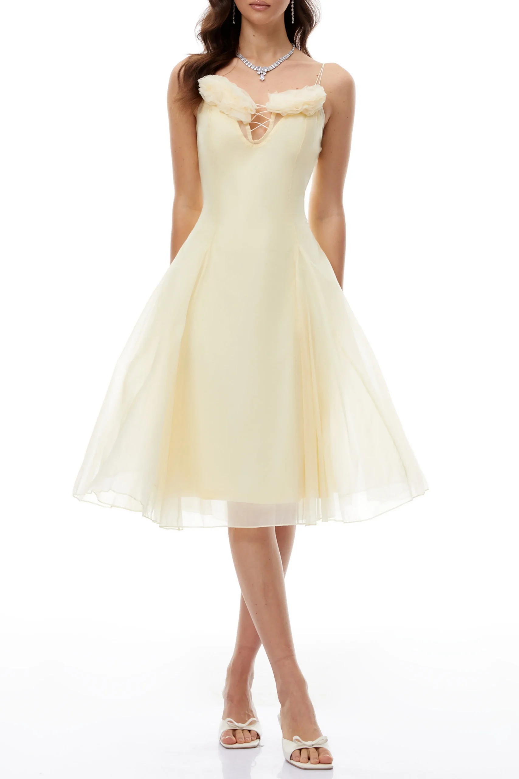 Kristin Yellow Floral Appliqué Tulle Midi Dress - OWNCI