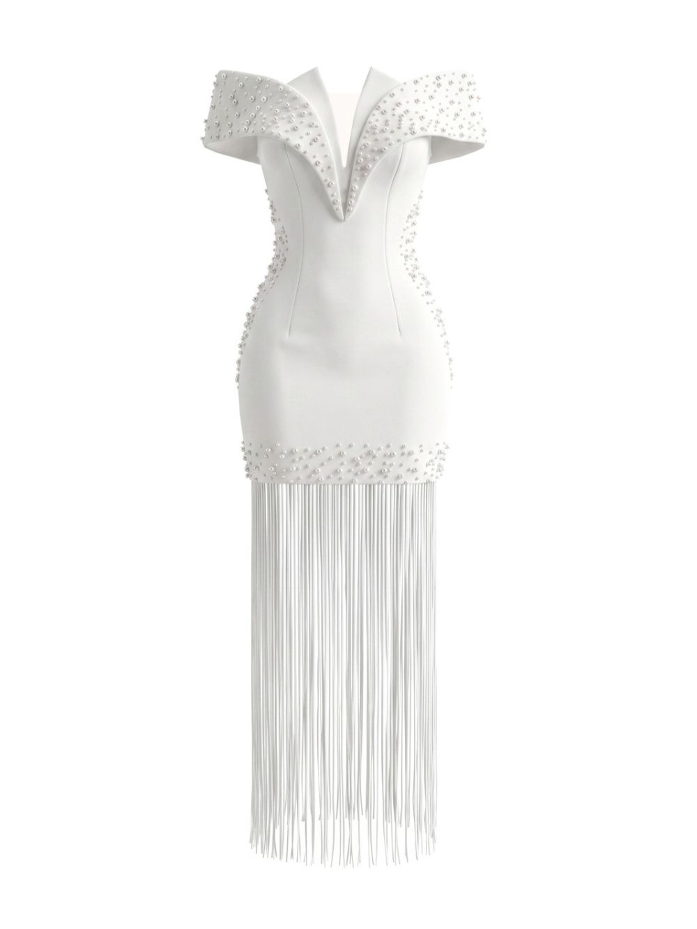 Pearl Embellished Bardot Tassel Maxi Dress White - OWNCI Pearl Embellished Bardot Tassel Maxi Dress White - OWNCI