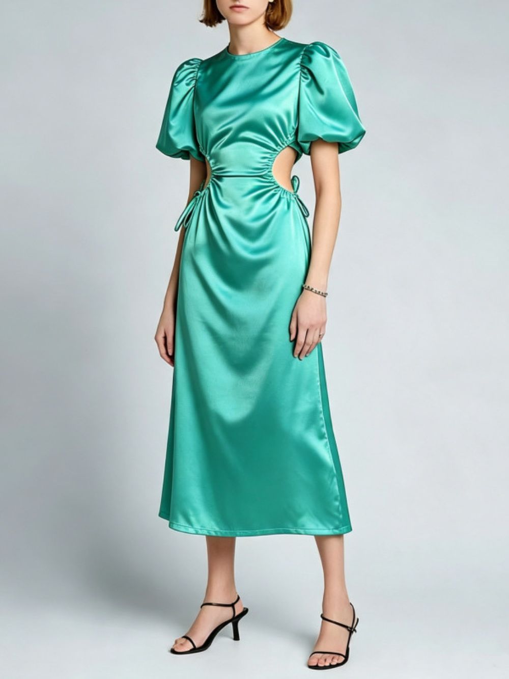 Megara Satin Cutout Puff-Sleeve Midi Dress - OWNCI