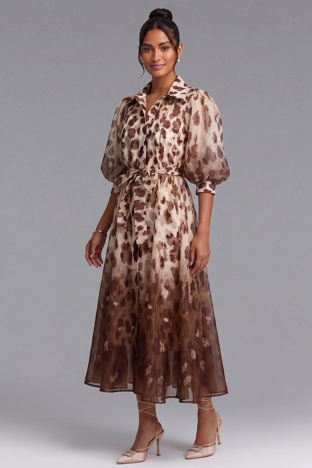 Ombre Leopard Print Puff Sleeve Midi Shirt Dress - OWNCI Ombre Leopard Print Puff Sleeve Midi Shirt Dress - OWNCI