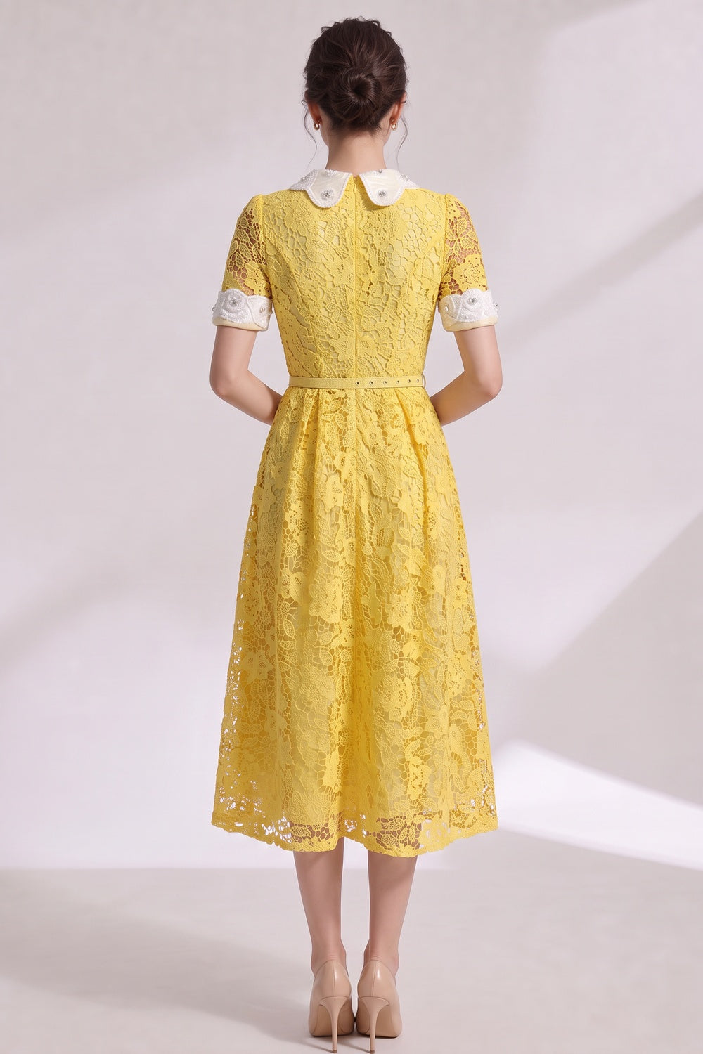 Yellow Guipure Floral Lace A-Line Midi Dress - OWNCI Yellow Guipure Floral Lace A-Line Midi Dress - OWNCI