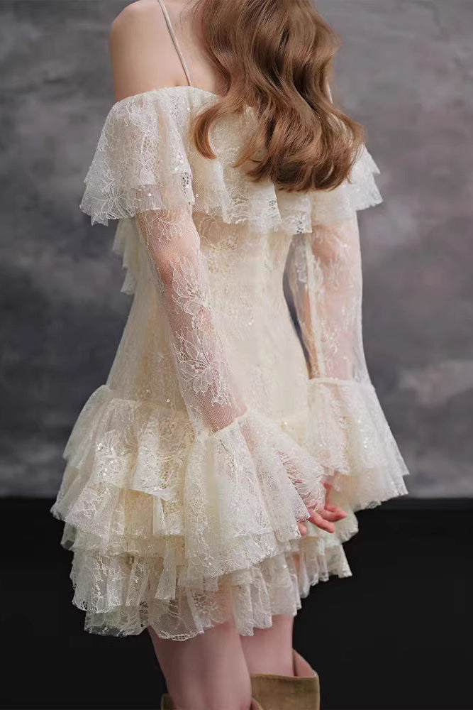 Elisha Off Shoulder Lace Ruffle Mini Dress - OWNCI