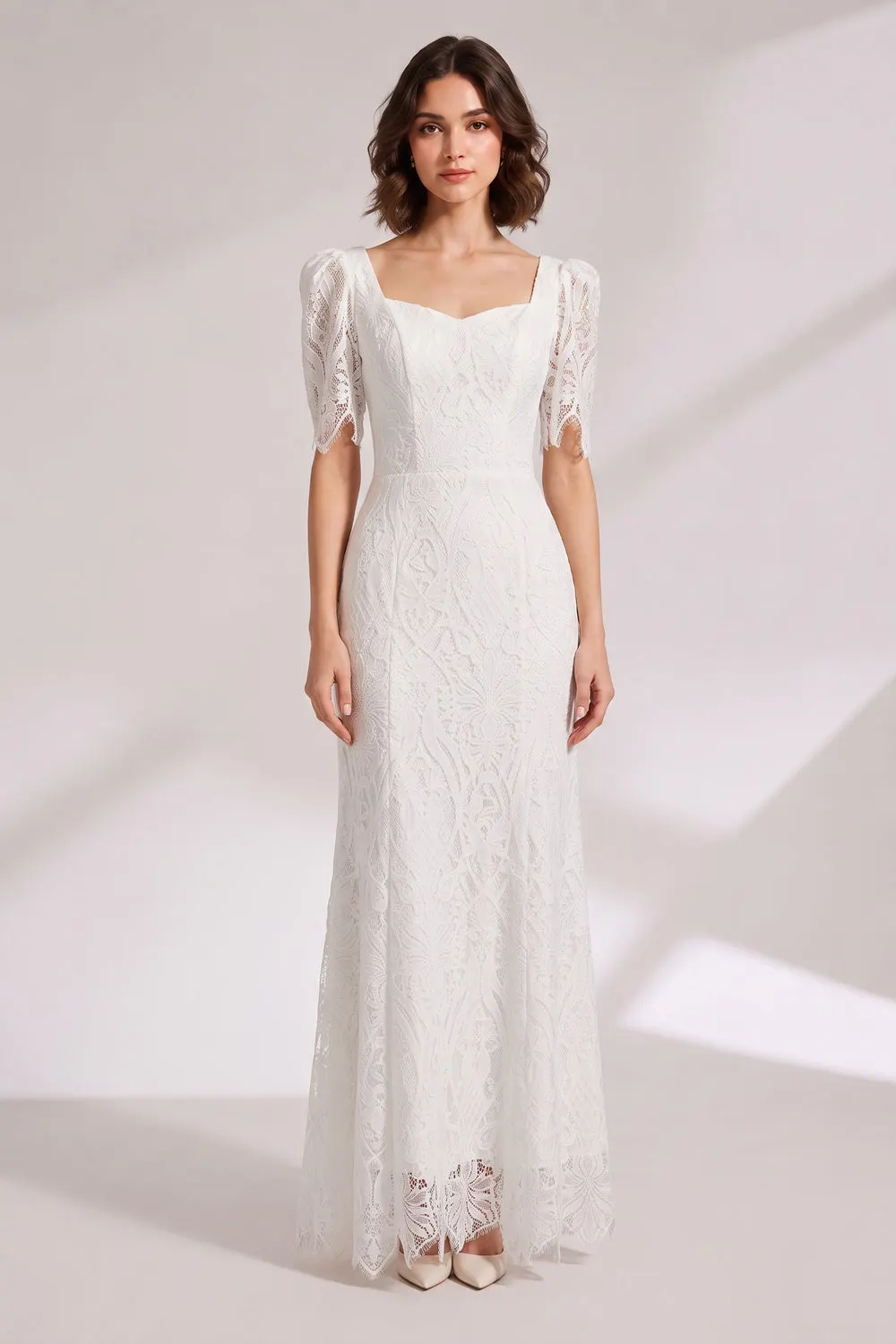 White Lace Floor-Length Dress with Puff Sleeves - OWNCI White Lace Floor-Length Dress with Puff Sleeves - OWNCI