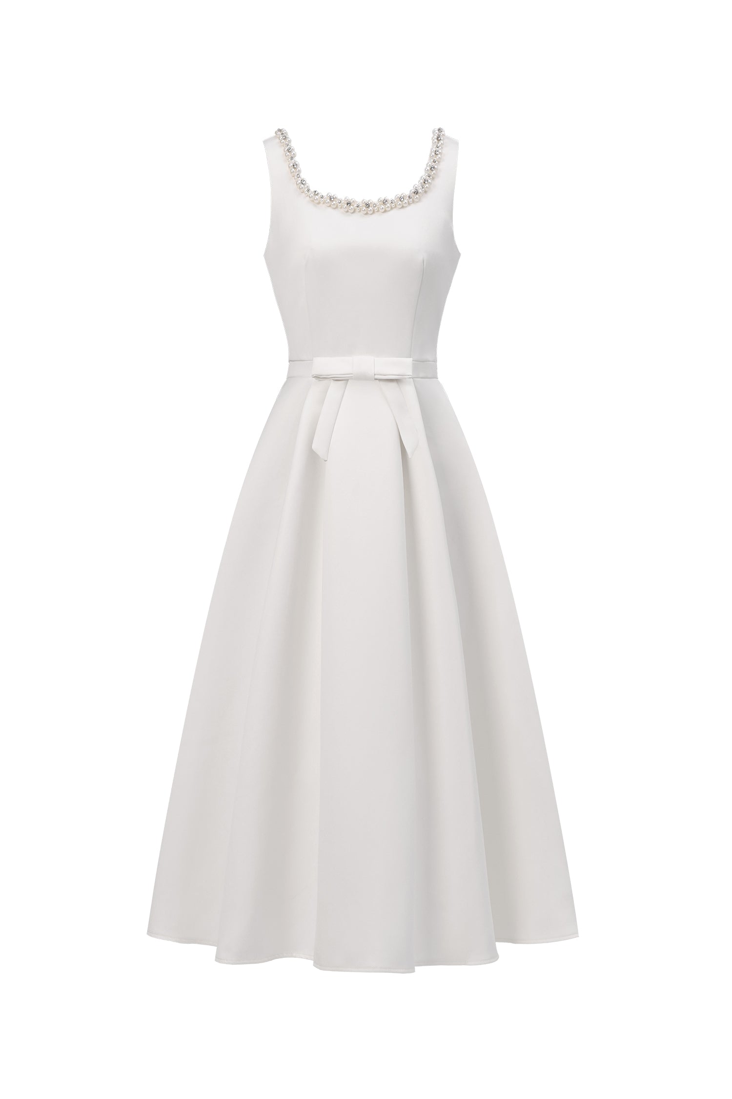 Crystal Trim Square Neck Sleeveless Bow Waist A-Line Midi Dress - OWNCI