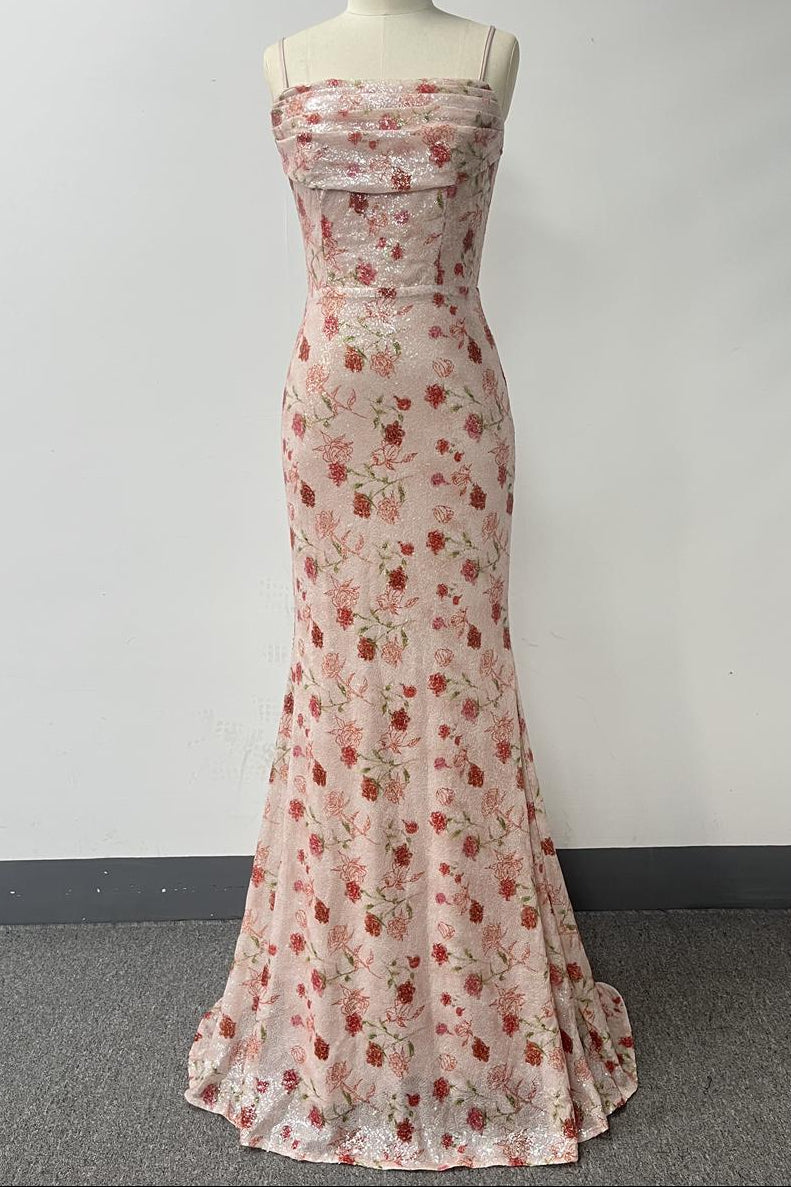 Blush Pink Floral Sequin Mermaid Gown with Lace-Up Back - OWNCI Blush Pink Floral Sequin Mermaid Gown with Lace-Up Back - OWNCI
