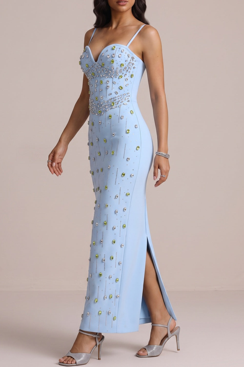 Spaghetti Strap Sweetheart Neck Two-Tone Rhinestone Midi Dress - OWNCI