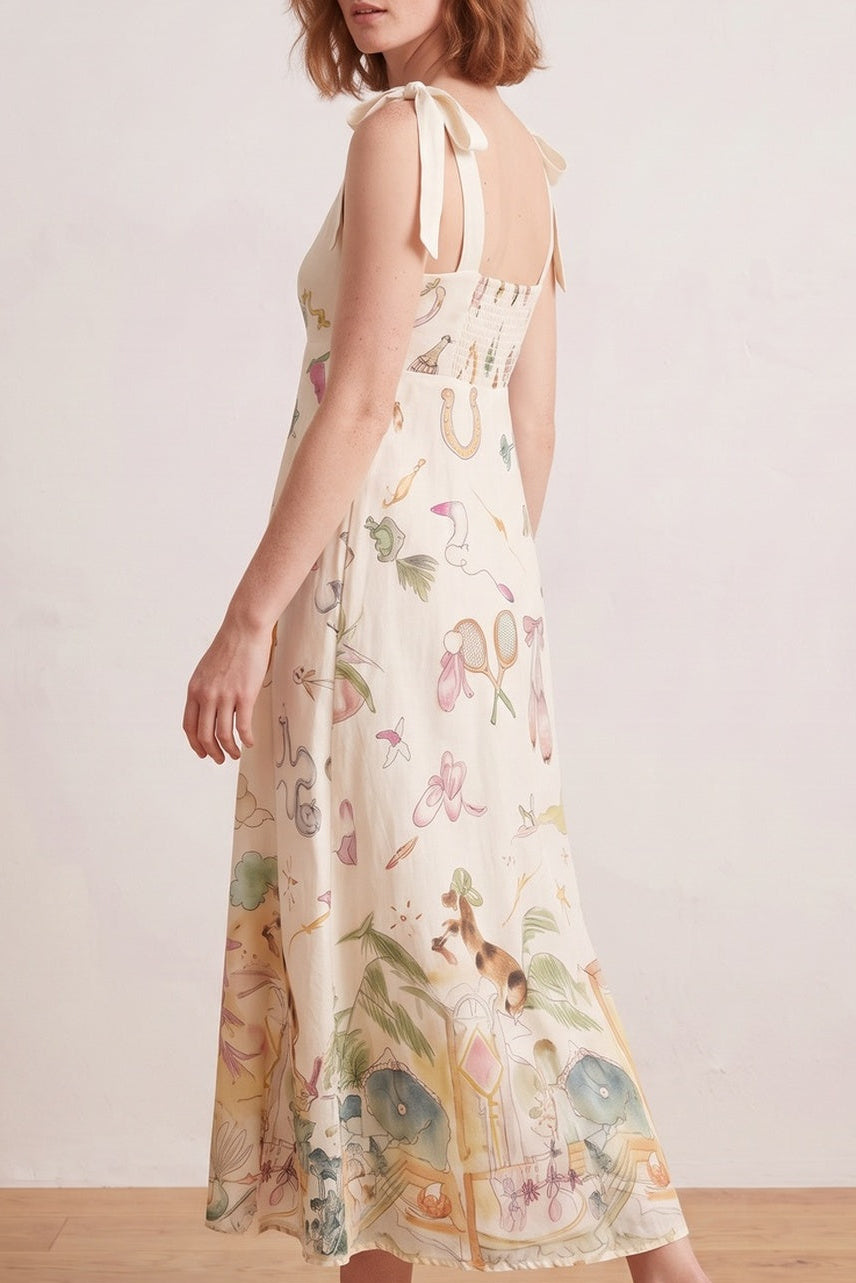 Bow Strap Whimsical Print Empire Midi Dress - OWNCI Bow Strap Whimsical Print Empire Midi Dress - OWNCI