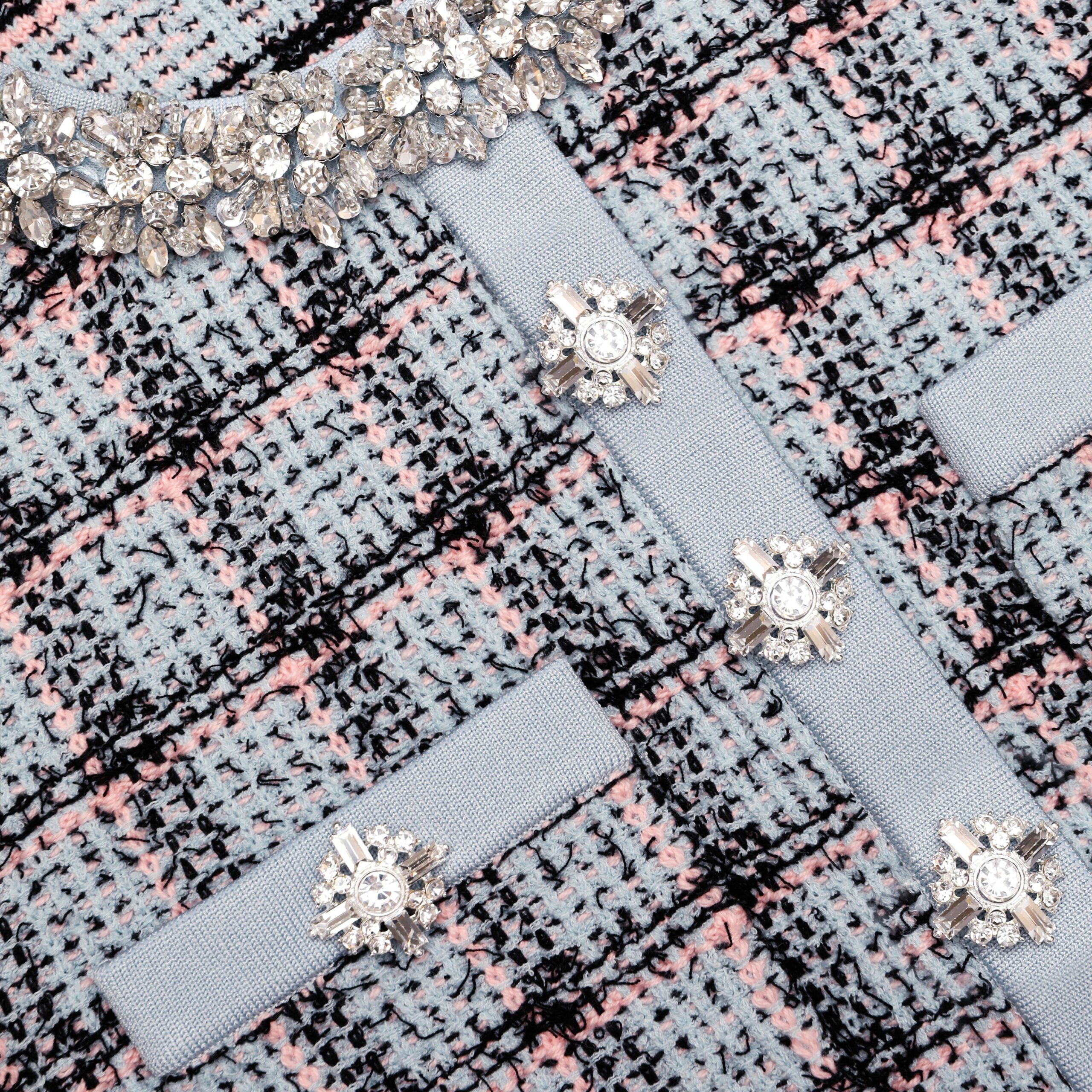 Marjorie Rhinestone Check Knit Cardigan Skirt Set – Pale Blue - OWNCI Marjorie Rhinestone Check Knit Cardigan Skirt Set – Pale Blue - OWNCI
