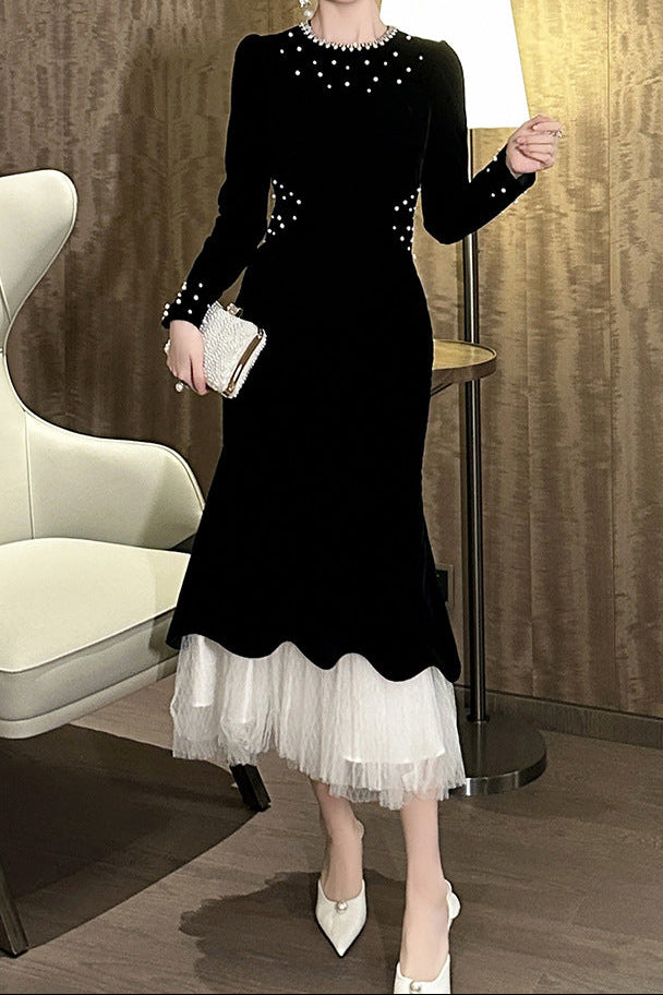Zona Black Beaded Irregular Hem Velvet Fishtail Maxi Dress - OWNCI